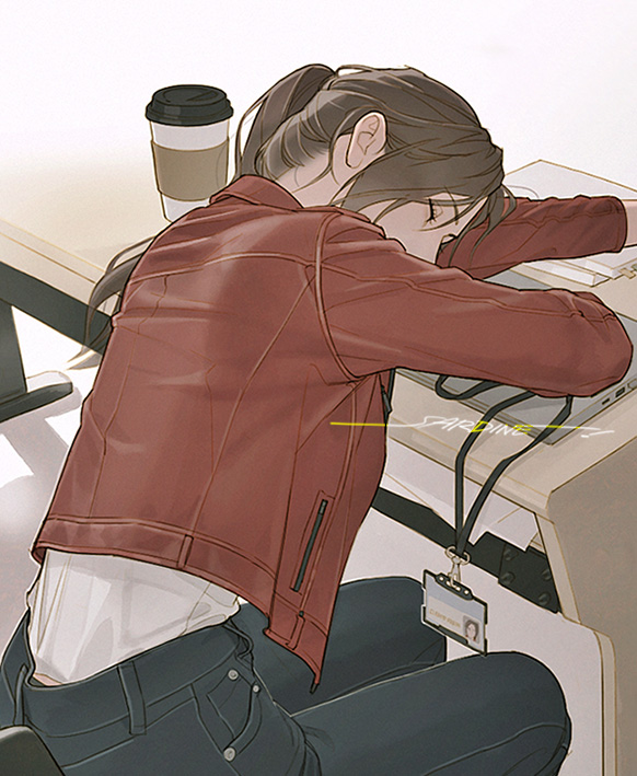 1girl, artist_name, badge, brown_hair, claire_redfield, coffee, commentary, computer