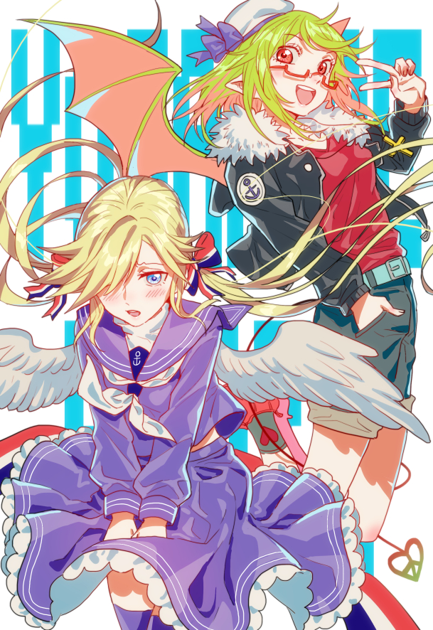 2girls, black_jacket, black_pants, blonde_hair, blue_dress, cosplay, demon_girl, demon_horns
