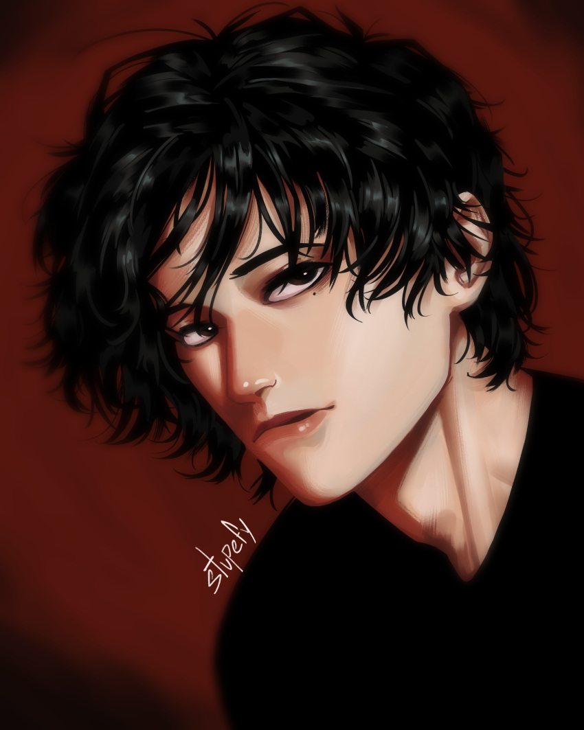 1boy, absurdres, aegyo_sal, black_eyes, black_shirt, highres, male_focus, messy_hair