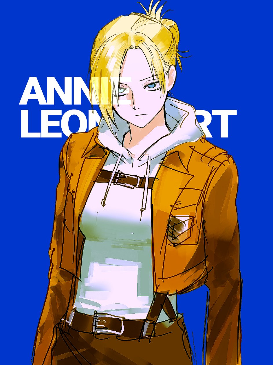 1girl, annie_leonhart, blonde_hair, blue_background, blue_eyes, breasts, brown_jacket, closed_mouth