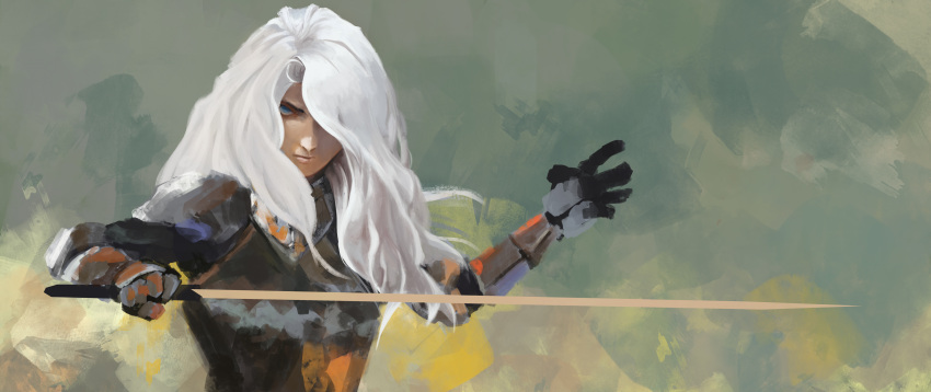 1girl, absurdres, armor, commentary, english_commentary, grey_eyes, hair_over_one_eye, hand_up