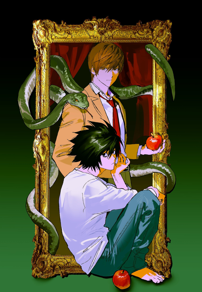 2boys, absurdres, apple, bags_under_eyes, barefoot, black_background, black_eyes, black_hair