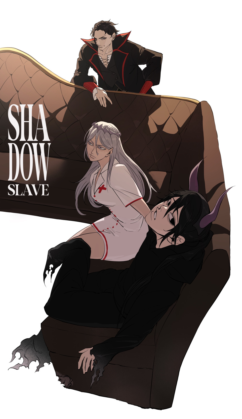 1girl, 2boys, absurdres, bad_link, black_cloak, black_hair, black_vest, chair