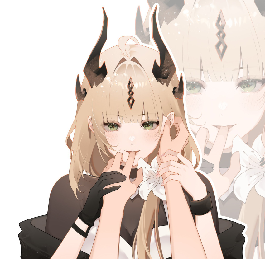 1girl, 1other, arknights, biting_another's_finger, black_gloves, black_horns, blonde_hair, bodystocking