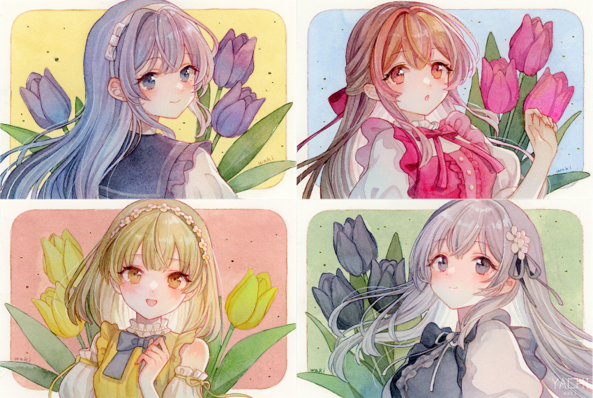 4girls, :d, :o, artist_name, bare_shoulders, black_bow, black_bowtie, black_flower
