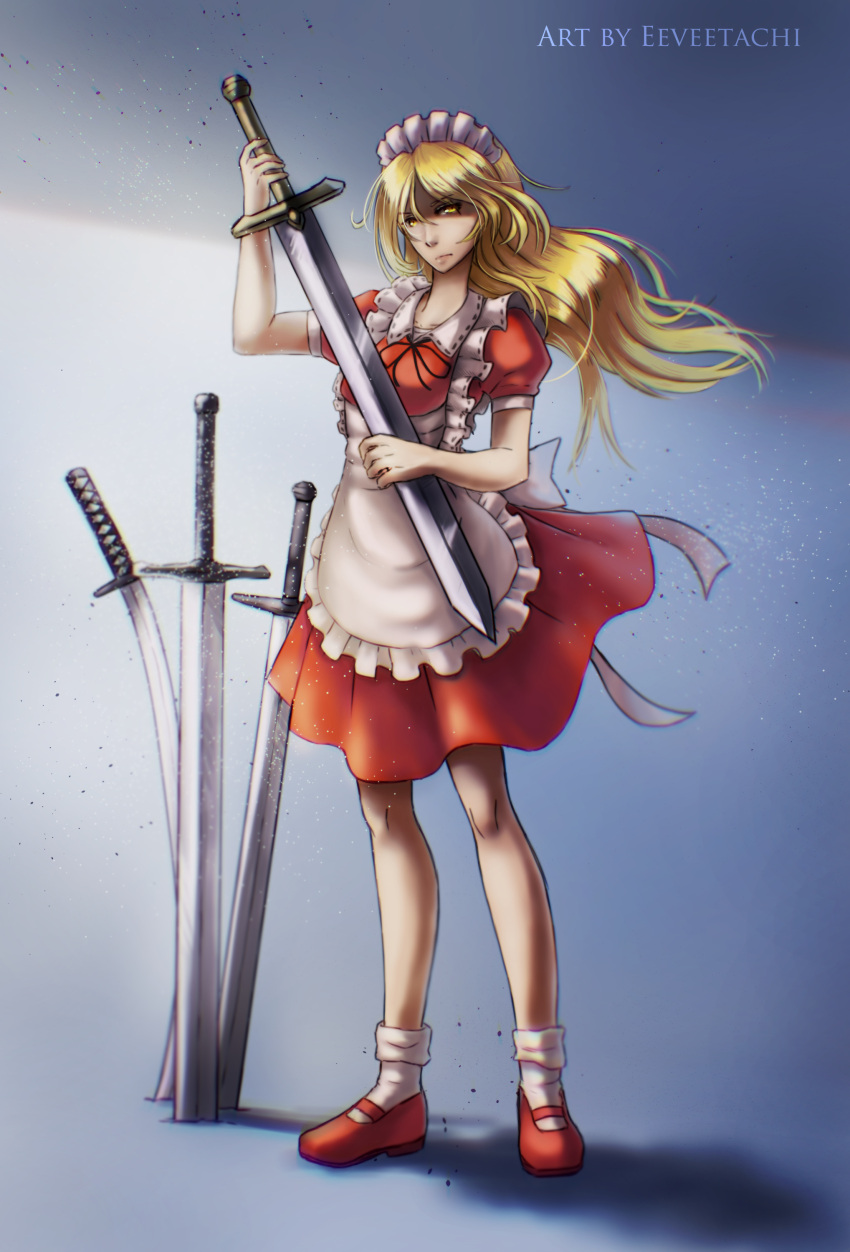 1girl, absurdres, apron, blonde_hair, dress, eeveetachi, frills, hair_ornament, highres, katana, light_frown, long_hair, maid, maid_headdress, puffy_short_sleeves, puffy_sleeves, red_dress, red_shoes, shadow, shoes, short_sleeves, solo, sword, touhou, touhou_(pc-98), weapon, yellow_eyes, yumeko_(touhou)