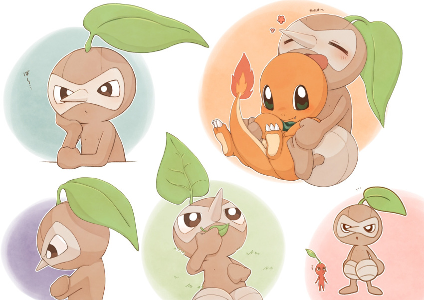 1other, bandana, bright_pupils, brown_eyes, charmander, claws, commentary_request, crossed_arms