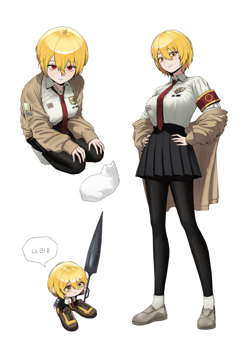 1girl, absurdres, armband, black_coat, black_pantyhose, black_skirt, blonde_hair, blush