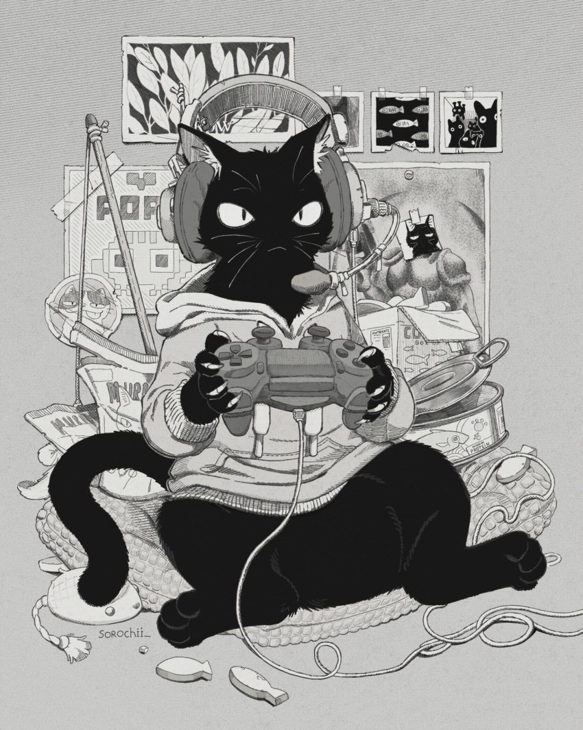 bag_of_chips, black_fur, can, claws, commentary, film_grain, furry, headset