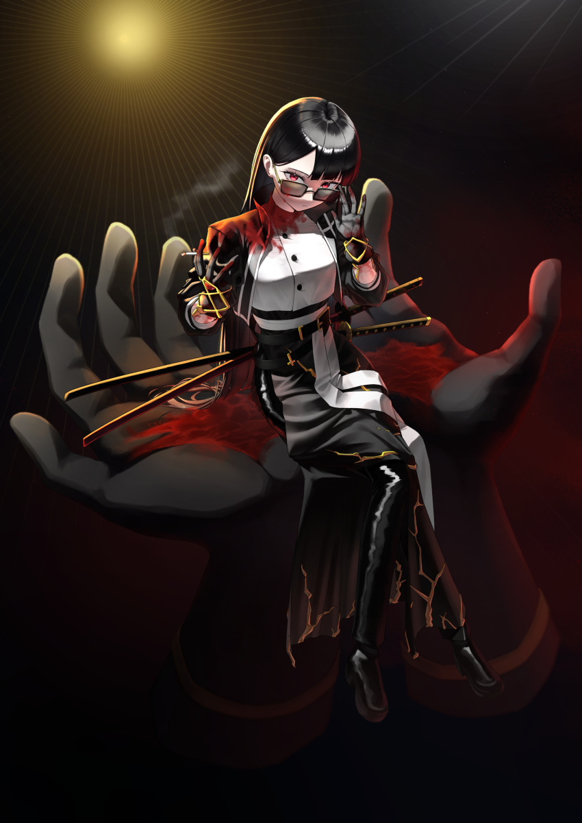 1girl, absurdres, adjusting_eyewear, belt, black_belt, black_gloves, black_hair, black_jacket