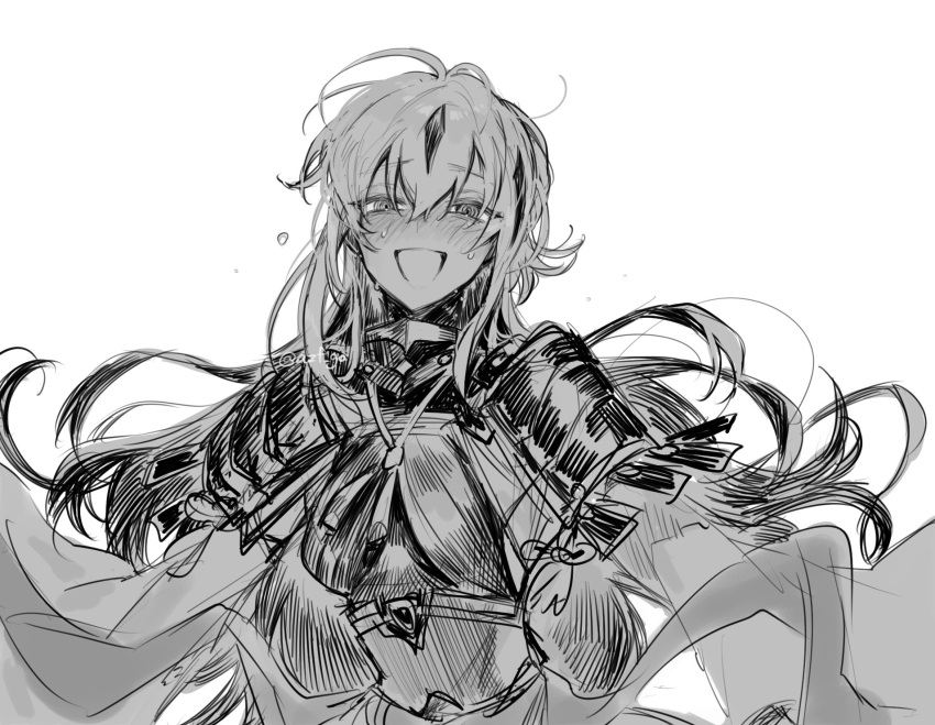 1girl, armor, azf_go, black_hair, blush, commentary, crazy_eyes, fate/grand_order