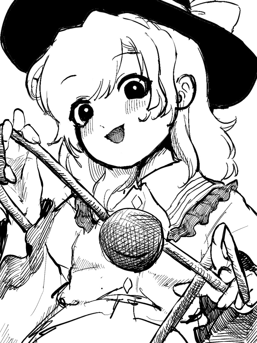 1girl, black_outline, greyscale, hat, hat_ribbon, highres, komeiji_koishi, kotudui7, looking_at_viewer, medium_hair, monochrome, open_mouth, outline, ribbon, solo, touhou, upper_body, white_background