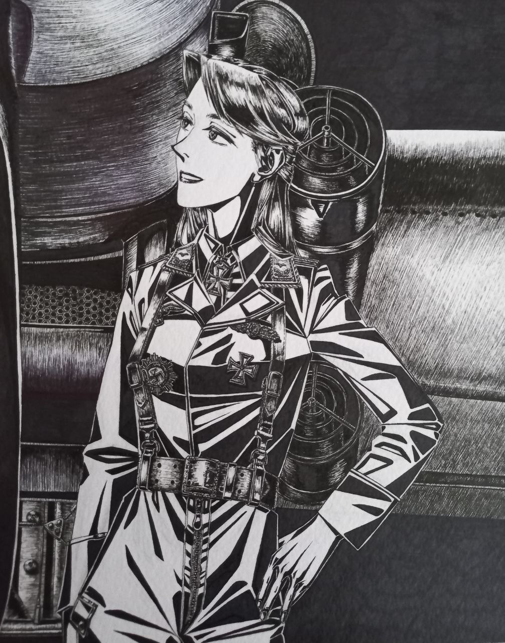 1girl, aircraft, airplane, belt_around_waist, bordfunker133, clothing_request, friedrich_rumpelhardt, genderswap, genderswap_(mtf), greyscale, grin, highres, jacket, load_bearing_equipment, long_hair, looking_to_the_side, looking_up, luftwaffe, military_uniform, monochrome, nazi, nazi_party_pin, real_life, rumpelhardt-chan_(bordfunker133), smile, soldier, solo, swastika, world_war_ii, zipper_pull_tab