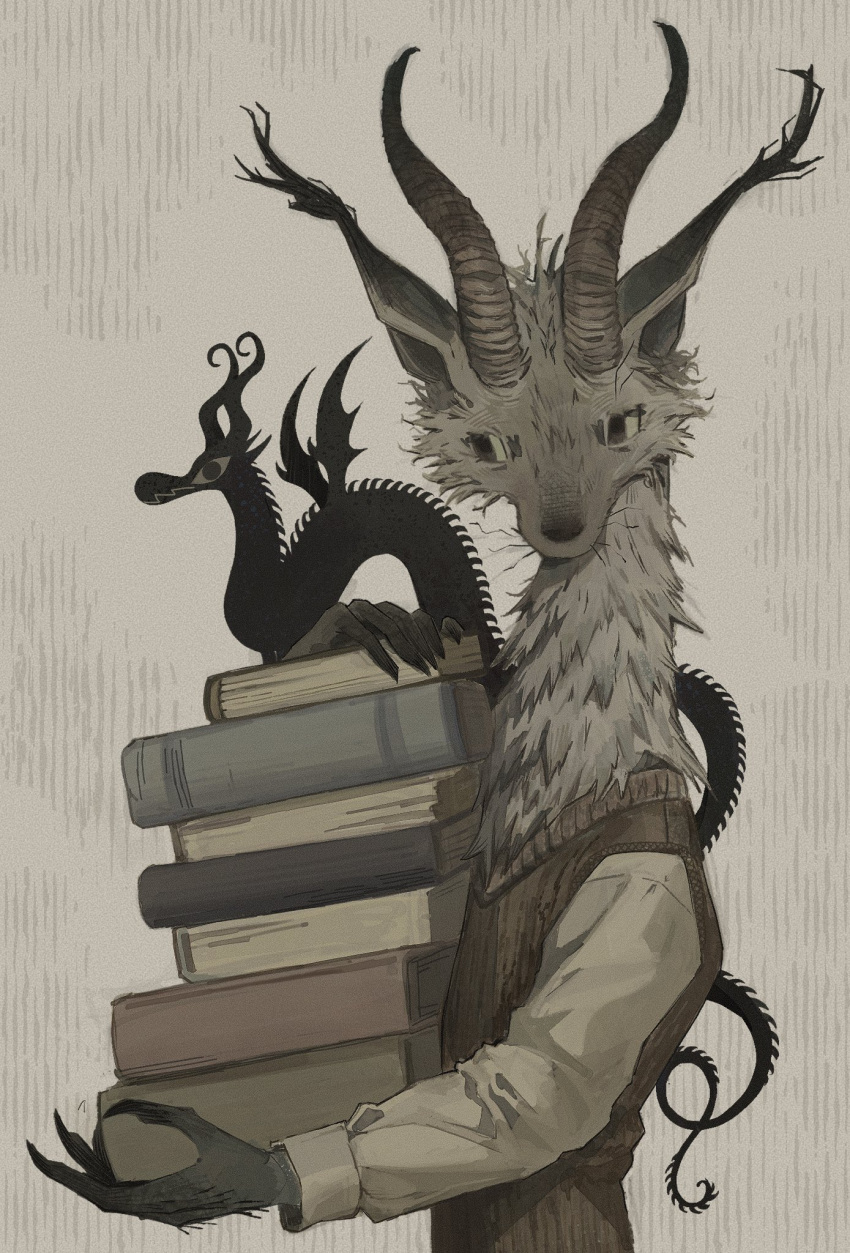1boy, black_dragon, book, brown_sweater_vest, claws, creature, dragon, dragon_boy, dragon_horns, film_grain, furry, grey_background, highres, holding, holding_book, horns, male_focus, original, shirt, sorochii, sweater_vest, whiskers, white_fur, white_shirt