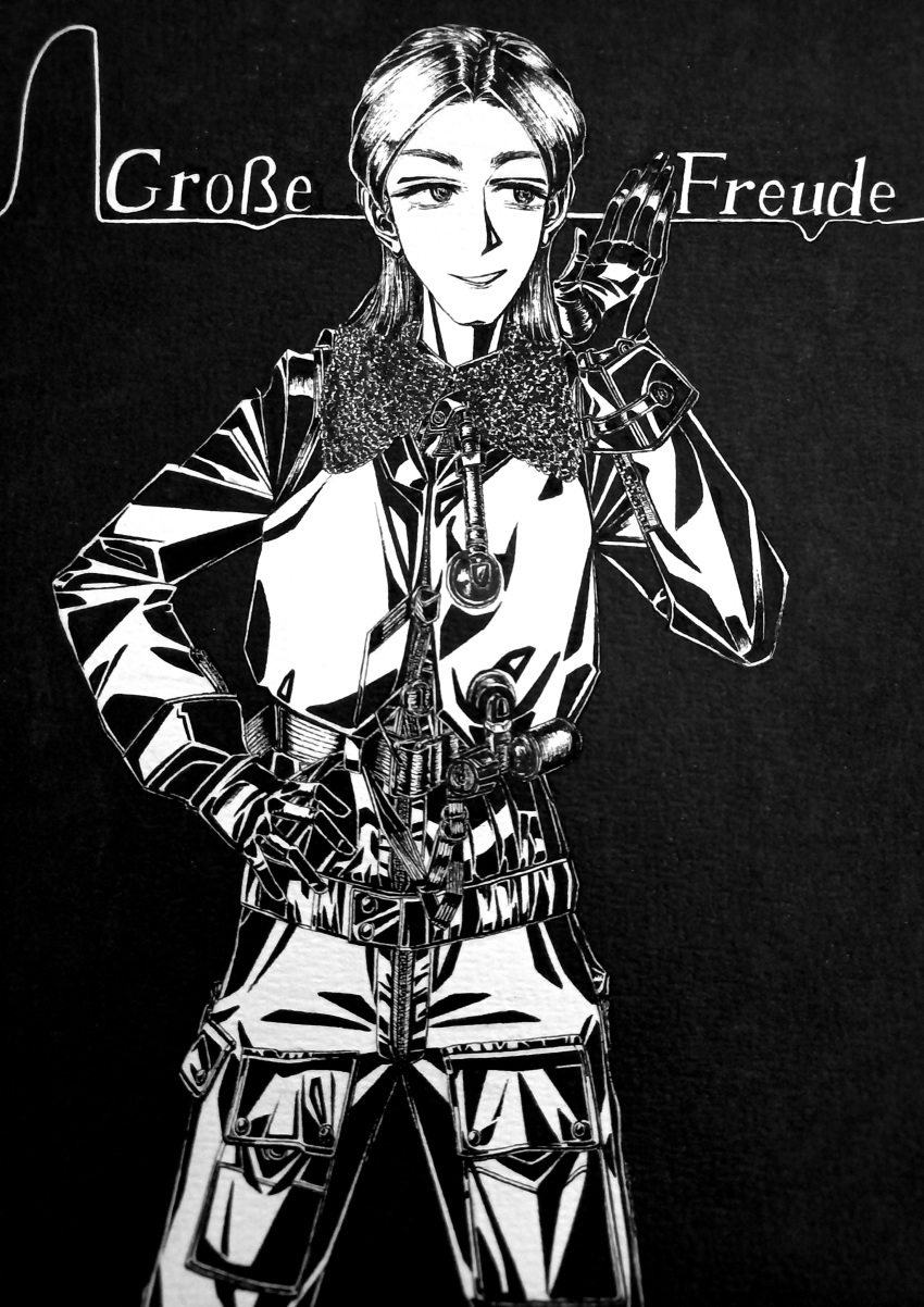 1girl, absurdres, black_gloves, bordfunker133, cargo_pants, friedrich_rumpelhardt, genderswap, genderswap_(mtf), gloves, greyscale, grin, highres, jacket, long_hair, looking_to_the_side, monochrome, nazi, pants, real_life, rumpelhardt-chan_(bordfunker133), smile, solo, world_war_ii