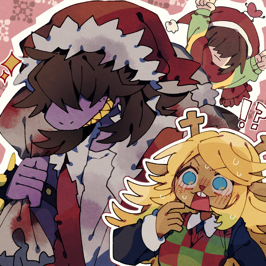 !?, 1other, 2525nicc, 2girls, :|, absurdres, animal_ears, antlers