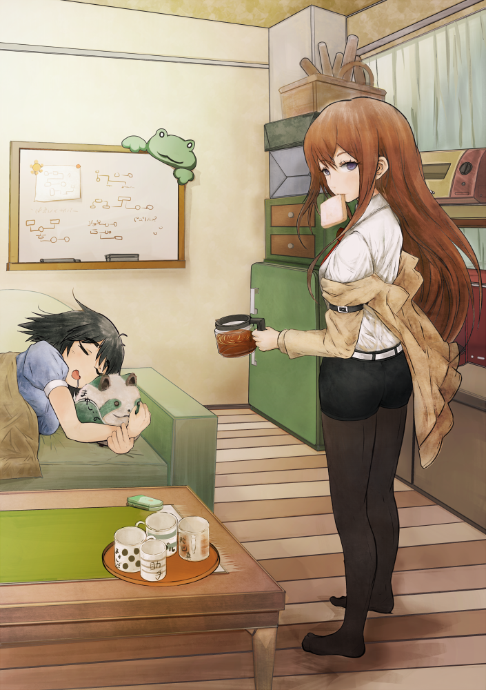 brown_hair, coffee, cup, feet, food, kenshin, legwear_under_shorts, long_hair, makise_kurisu, mouth_hold, mug, pantyhose, purple_eyes, shiina_mayuri, shorts, sleeping, steins;gate, toast, toast_in_mouth, violet_eyes