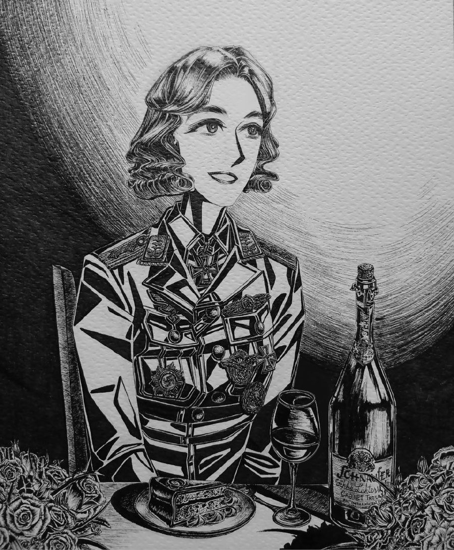 1girl, alcohol, bordfunker133, bottle, breast_pocket, cake, chair, character_name, collar_tabs, commentary_request, cross, cup, curly_hair, dessert, dinner, dress_shirt, drinking_glass, flower, food, genderswap, genderswap_(mtf), greyscale, grin, heinz-wolfgang_schnaufer, iron_cross, jacket, long_sleeves, luftwaffe, military, military_uniform, monochrome, nazi, nazi_party_pin, parted_lips, pocket, real_life, reichsadler, rose, schnaufer-chan_(bordfunker133), shirt, short_hair, shoulder_boards, sitting, smile, soldier, solo, swastika, table, wine, wine_bottle, wine_glass, world_war_ii