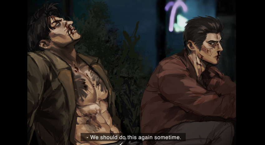 2boys, black_hair, blood, blood_on_face, bush, commentary, english_commentary, eyepatch