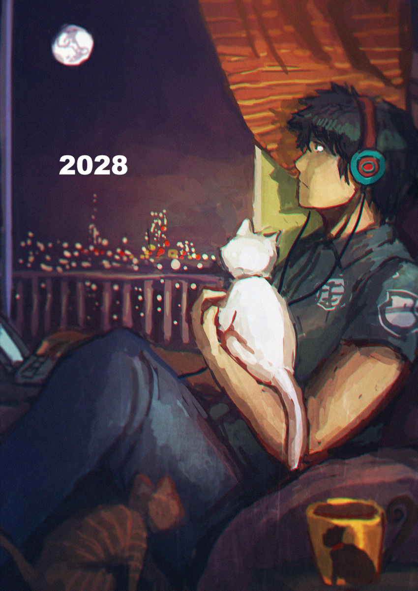 1boy, 2028, animal, blue_pants, blue_shirt, cat, city, closed_mouth