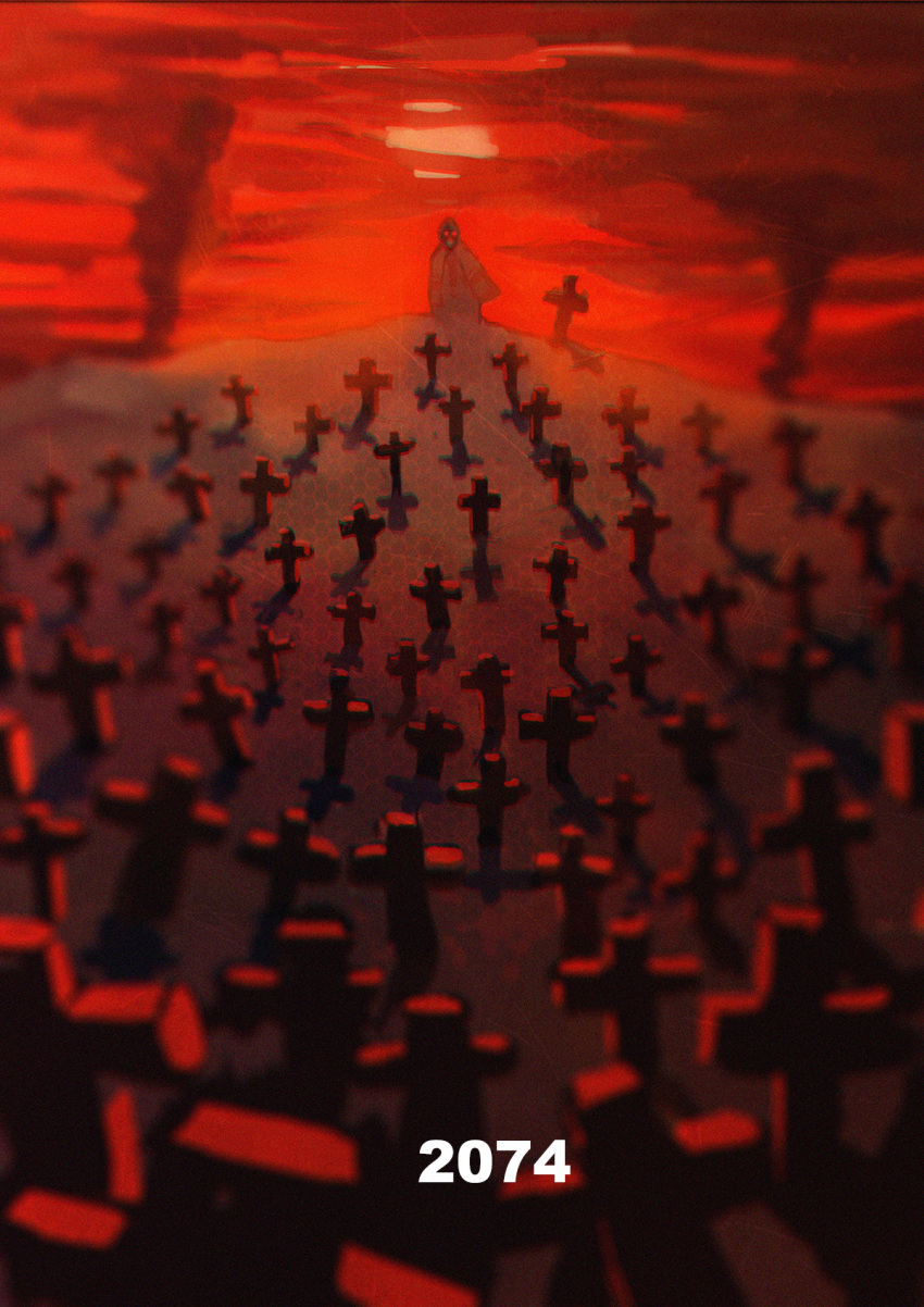 2074, clouds, cloudy_sky, commentary, english_commentary, gas_mask, graveyard, highres