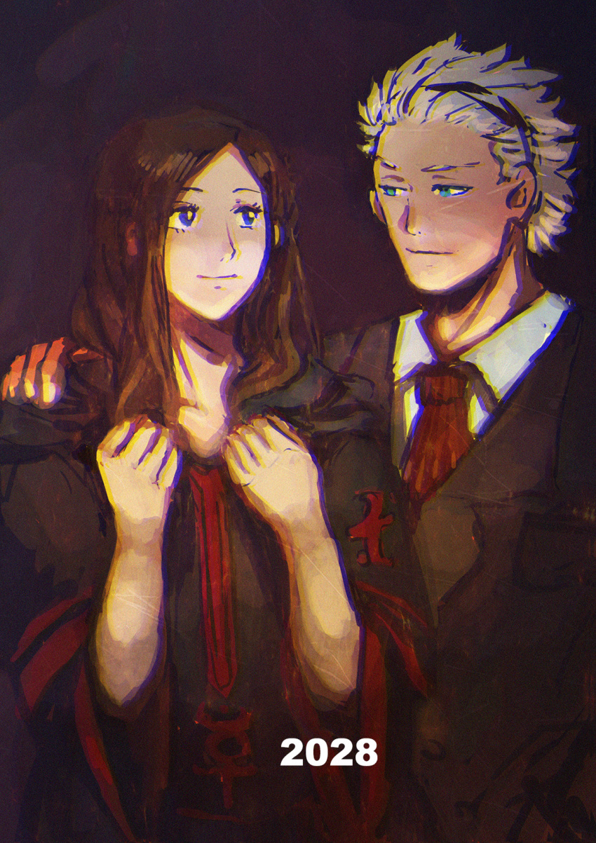 1boy, 1girl, 2028, alternate_costume, black_robe, brown_hair, brown_jacket, chromatic_aberration