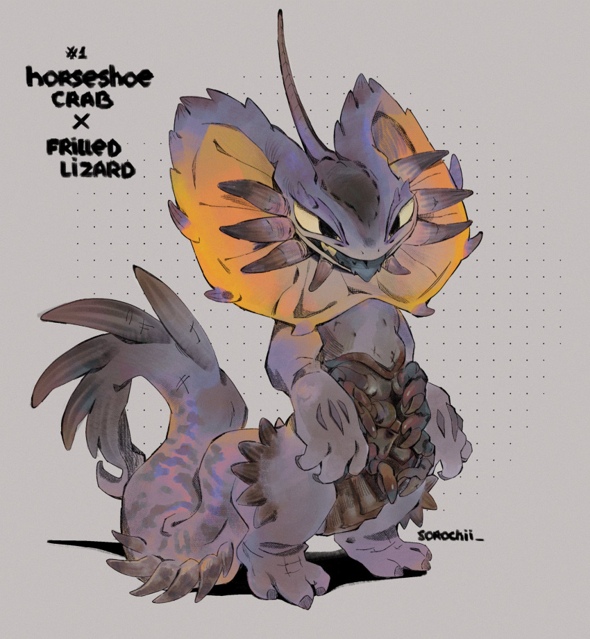 chimera, claws, colored_skin, commentary, dotted_background, frilled_neck_lizard, grey_background, grey_skin