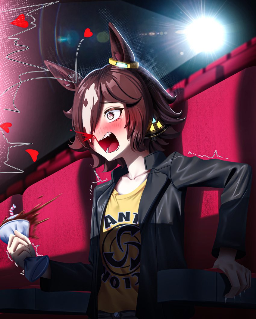 1girl, absurdres, animal_ears, aroused_nosebleed, black_jacket, blood, blush, breasts