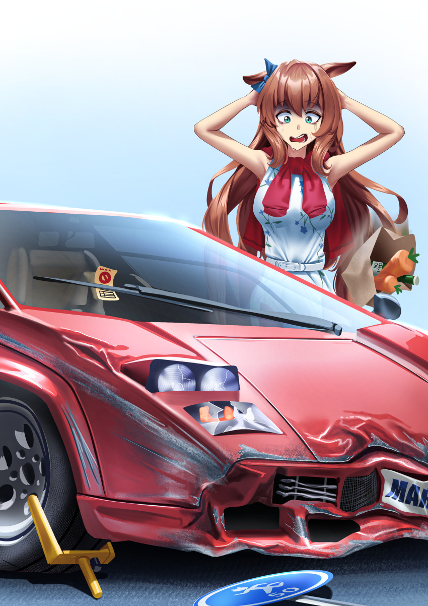 1girl, absurdres, animal_ears, arms_behind_head, arms_up, bag, blue_eyes, bow
