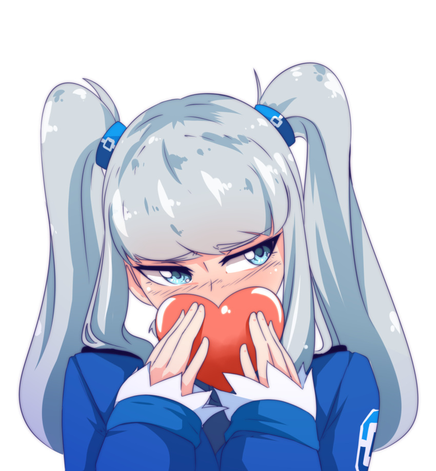1girl, blue_eyes, blue_jacket, blue_necktie, blush, cube_hair_ornament, deredereday, dress_shirt