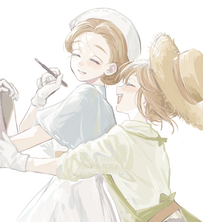 2girls, 6demo, apron, blue_capelet, blush, brown_hair, capelet, closed_eyes