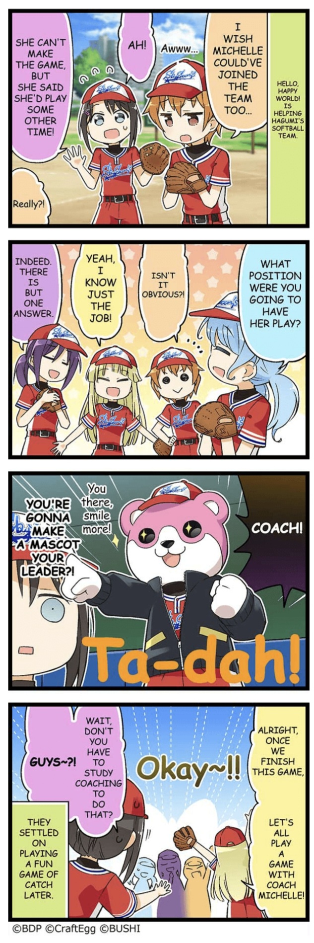 4koma, 5girls, alternative_hairstyle, bang_dream!, baseball_uniform, belt, black_jacket, comic