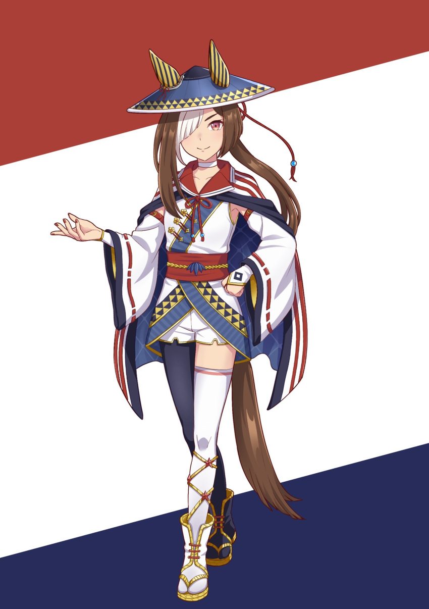 1girl, animal_ears, ankle_boots, artist_request, asymmetrical_bangs, asymmetrical_footwear, asymmetrical_legwear, black_boots, black_thighhighs, blue_eyes, boots, brown_hair, commentary_request, detached_sleeves, ears_through_headwear, full_body, genderswap, genderswap_(mtf), hair_over_one_eye, highres, horse_ears, horse_girl, horse_tail, kasamatsuno_lighto_(racehorse), looking_at_viewer, mismatched_footwear, mismatched_legwear, multicolored_hair, original, personification, red_eyes, ribbon-trimmed_sleeves, ribbon_trim, solo, streaked_hair, tail, thigh-highs, umamusume, white_boots, white_hair, white_thighhighs, wide_sleeves