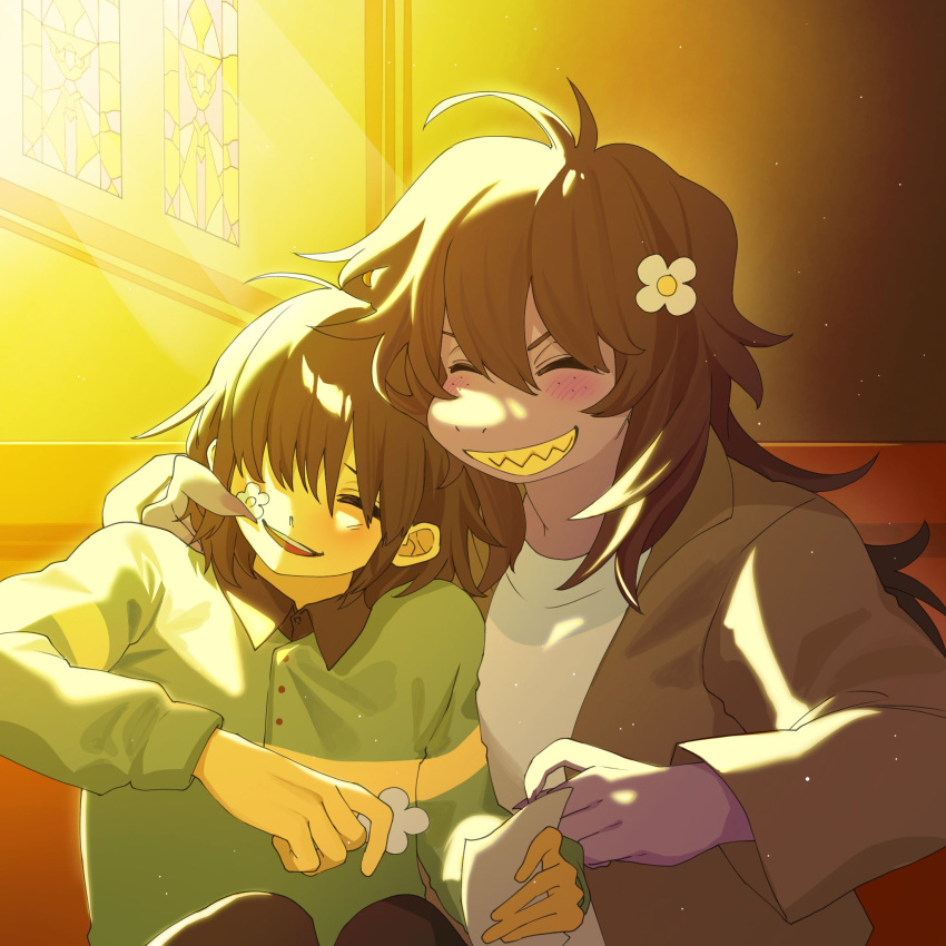 1girl, 1other, antenna_hair, blush, brown_hair, brown_jacket, church, closed_eyes