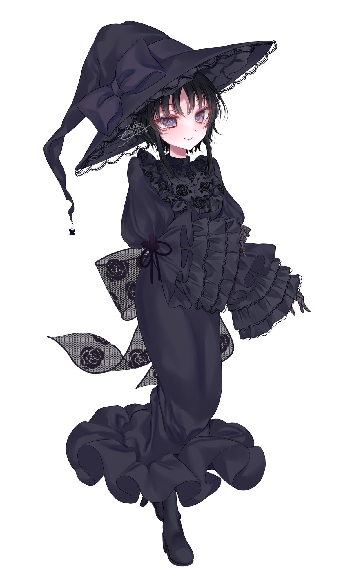 1girl, alternate_costume, black_dress, black_gloves, black_hair, black_hat, black_shoes, black_socks