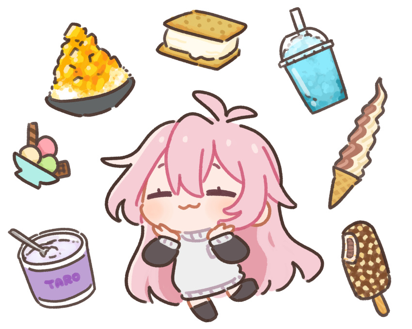 1girl, :3, antenna_hair, baggy_clothes, bloodymoonia, chibi, closed_eyes, closed_mouth