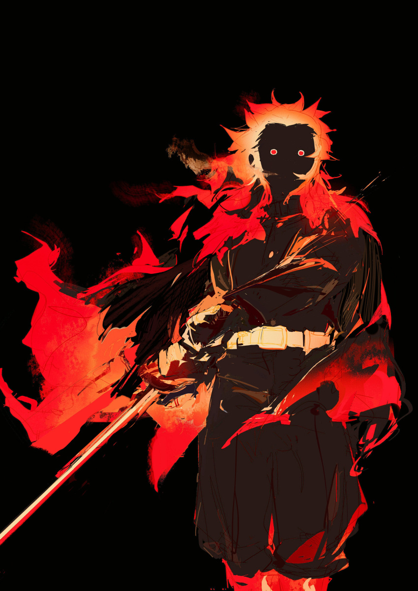 1boy, absurdres, belt, black_background, cape, commentary_request, demon_slayer_uniform, diffeng_cn