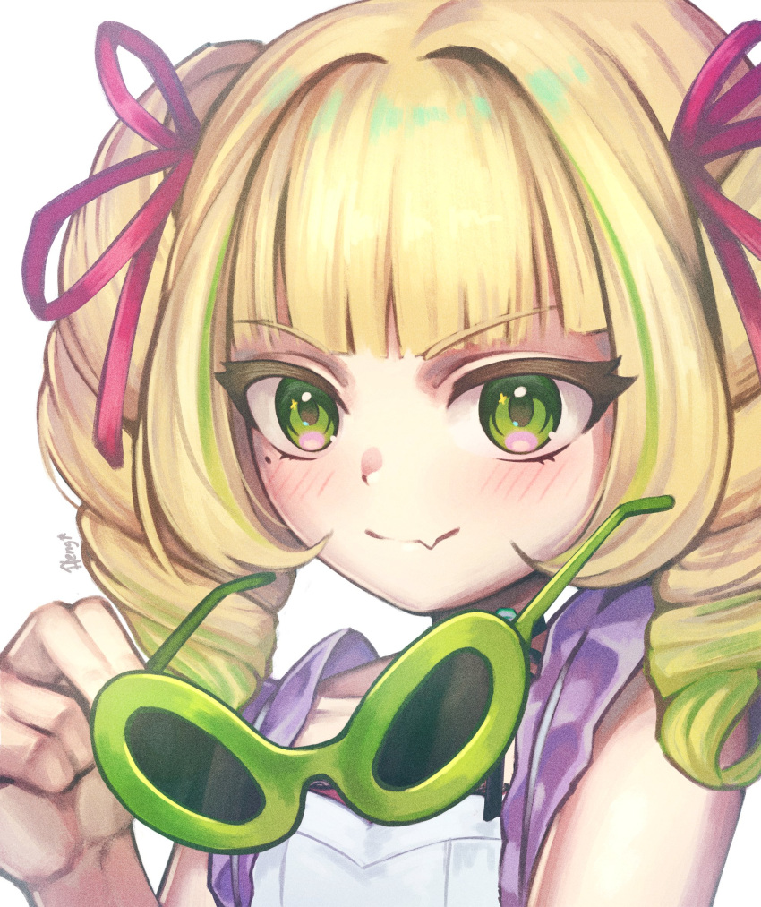 1girl, blonde_hair, blunt_bangs, blush, closed_mouth, commentary, dress, drill_hair