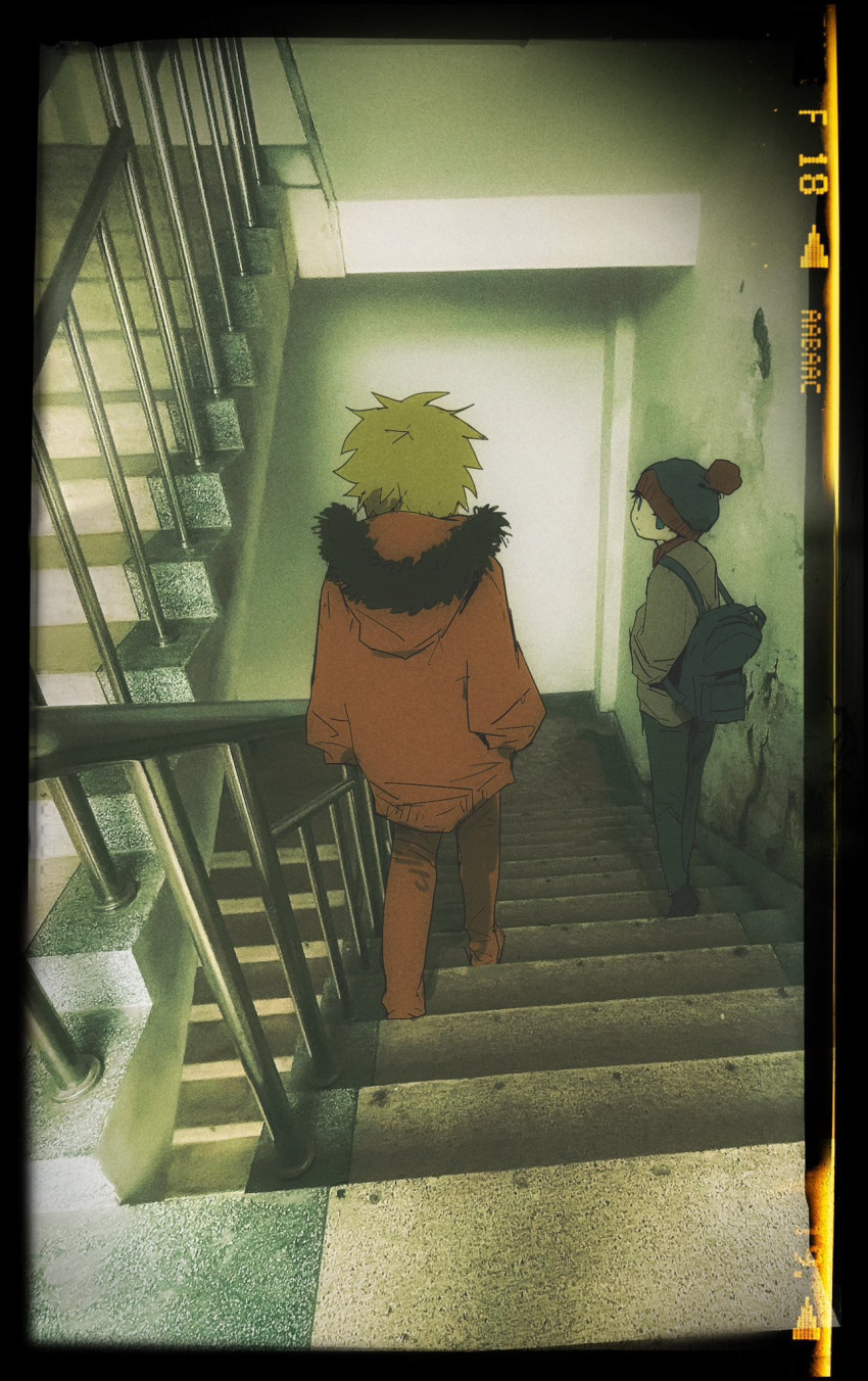 2boys, backpack, bag, beanie, black_hair, blonde_hair, blue_eyes, chun_baii