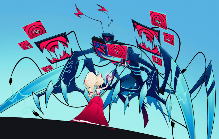 1boy, 1girl, blonde_hair, charlie_morningstar, claws, electric_plug, hazbin_hotel, hellaverse