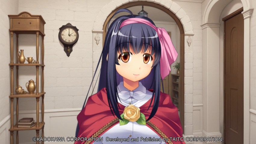 ahoge, atelier-moo, black_hair, breasts, brown_eyes, closed_mouth, collared_shirt, company_name