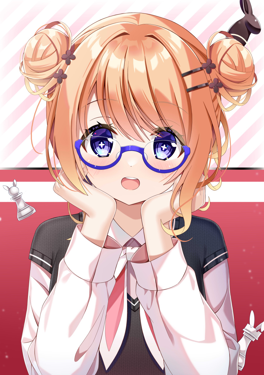 absurdres, animal_ears, bespectacled, black_sweater_vest, blue-framed_eyewear, blue_eyes, blunt_bangs, chess_piece, collared_shirt, commentary_request, double_bun, glasses, gochuumon_wa_usagi_desu_ka?, hair_bun, hair_ornament, hairclip, hand_on_own_cheek, hand_on_own_face, hands_up, highres, hoto_cocoa, kazekami_chino, light_blush, long_sleeves, open_mouth, orange_hair, parallel_hairclips, rabbit_ears, rook_(chess), semi-rimless_eyewear, shirt, short_hair, sparkling_eyes, sweater_vest, teeth, upper_body, upper_teeth_only, white_shirt