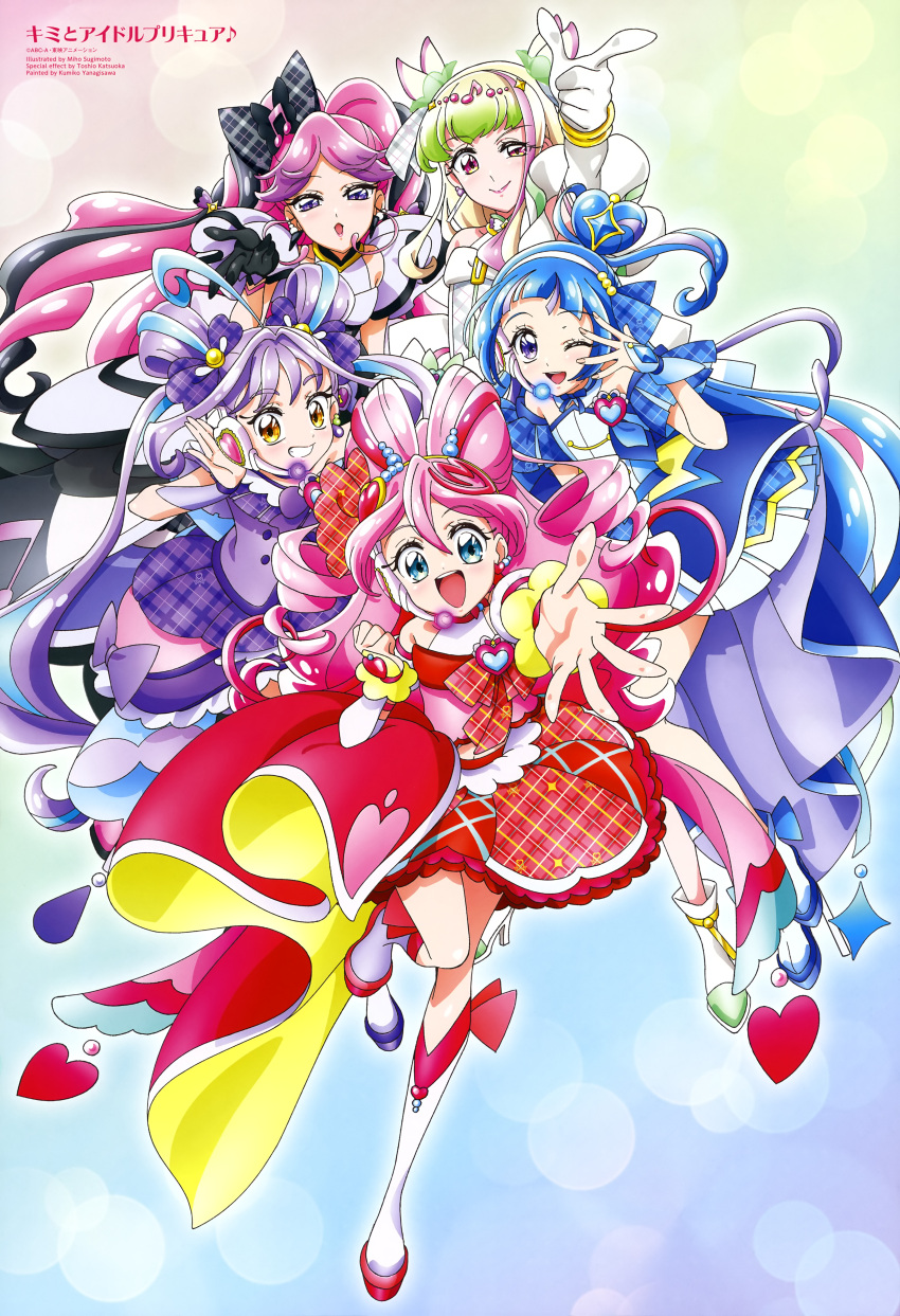 5girls, :d, ;d, absurdres, animage, anime_coloring, arched_bangs, blue_dress