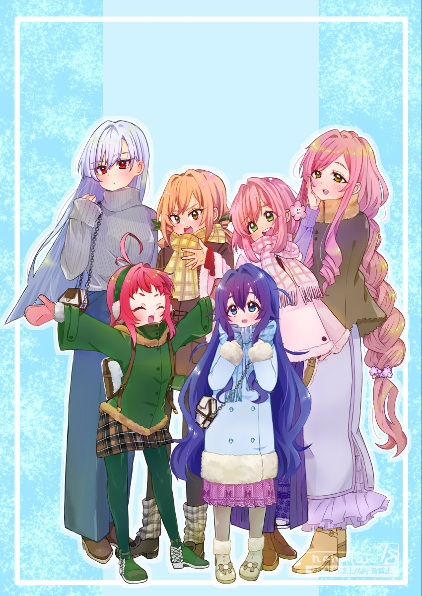 6+girls, :d, ^_^, alternate_costume, antenna_hair, artist_name, backpack, bag