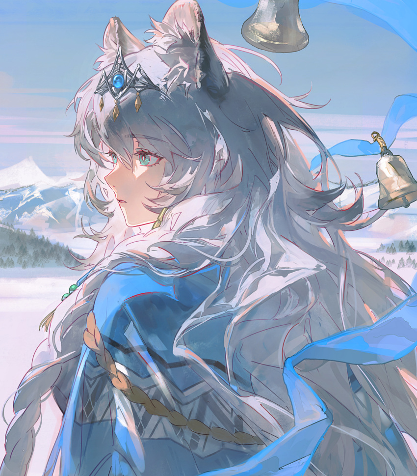 1girl, animal_ear_fluff, animal_ears, arknights, backlighting, bell, blue_eyes, blue_shawl
