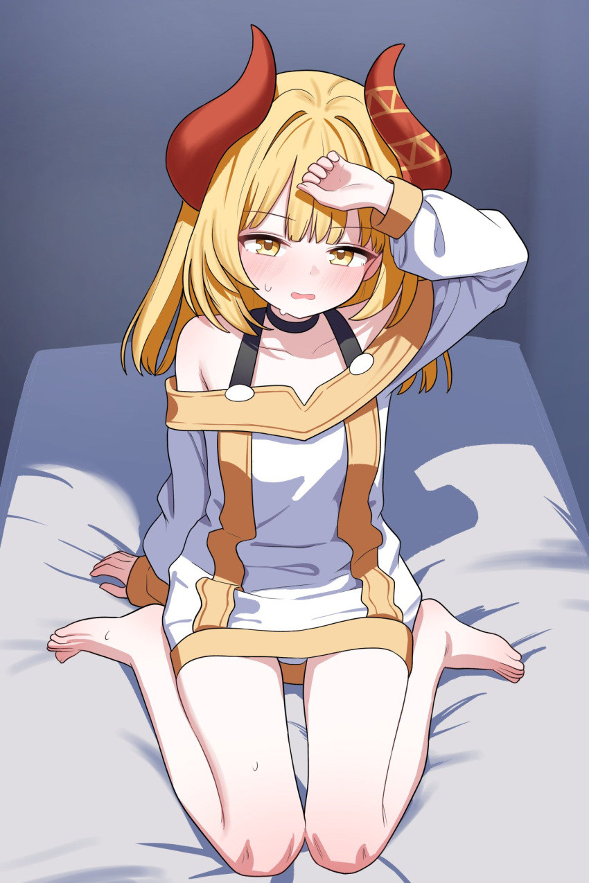 1girl, arm_support, arm_up, armpit_crease, artist_request, bare_shoulders, barefoot, black_choker