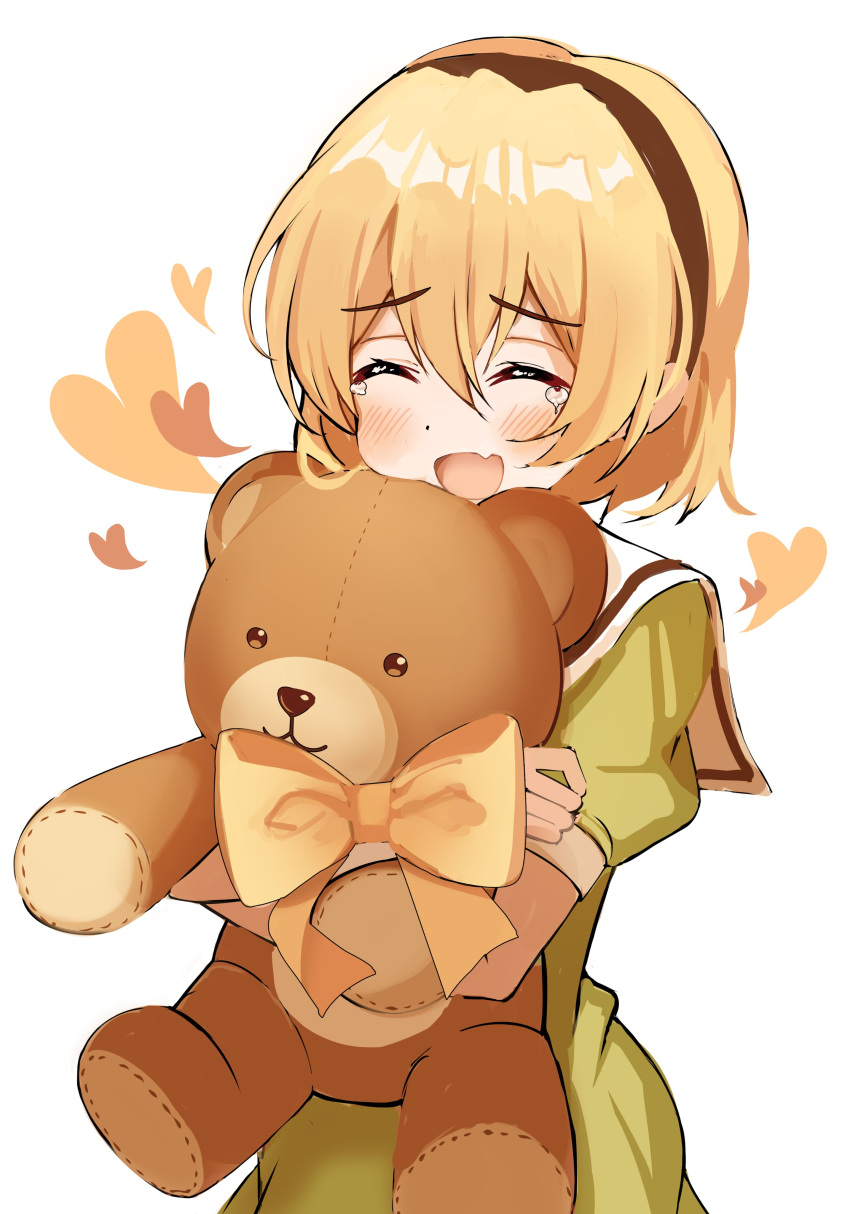1girl, absurdres, black_hairband, blonde_hair, blush, closed_eyes, dress, fang