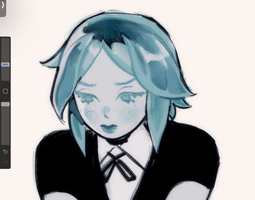 1other, androgynous, aqua_eyes, aqua_hair, aqua_lips, art_program_in_frame, black_ribbon, black_shirt, closed_mouth, collared_shirt, colored_eyelashes, colored_skin, commentary, crystal_hair, diinnple, english_commentary, eyelashes, gem_uniform_(houseki_no_kuni), highres, houseki_no_kuni, looking_down, neck_ribbon, no_sclera, other_focus, parted_bangs, phosphophyllite, portrait, procreate_(medium), ribbon, sad, shirt, short_hair, short_sleeves, simple_background, sketch, thick_lips, v-shaped_eyebrows, v_arms, white_background, white_shirt, white_skin