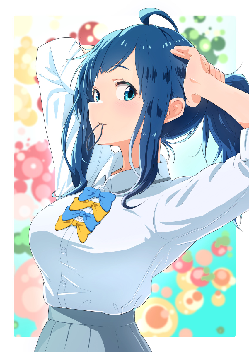 1girl, absurdres, ahoge, arms_up, blue_bow, blue_eyes, blue_hair, bow