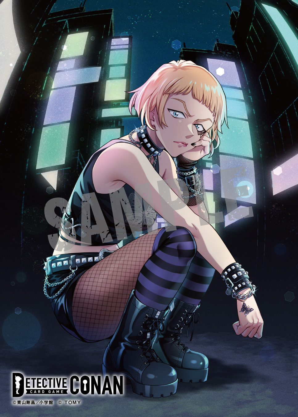 1girl, annoyed, arched_bangs, belt, belt_buckle, black_belt, black_boots, black_nails, black_shirt, black_shorts, blonde_hair, blue_eyes, boots, bracelet, buckle, building, butterfly_tattoo, chain, chianti_(meitantei_conan), closed_mouth, copyright_logo, copyright_notice, fisheye, fishnet_pantyhose, fishnets, full_body, hand_on_own_cheek, hand_on_own_face, highres, jewelry, lens_flare, logo, looking_at_viewer, meitantei_conan, nagisa_mmm, night, official_art, outdoors, pantyhose, shirt, short_hair, shorts, sky, skyscraper, sleeveless, sleeveless_shirt, solo, squatting, star_(sky), starry_sky, striped_clothes, striped_thighhighs, tattoo, thigh-highs